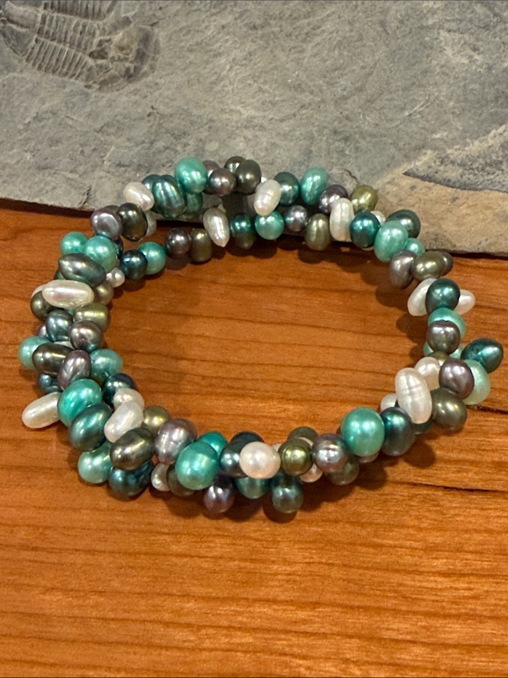 Multi-Color Freshwater Pearl Stretch Bracelet - Teal, White & Gray